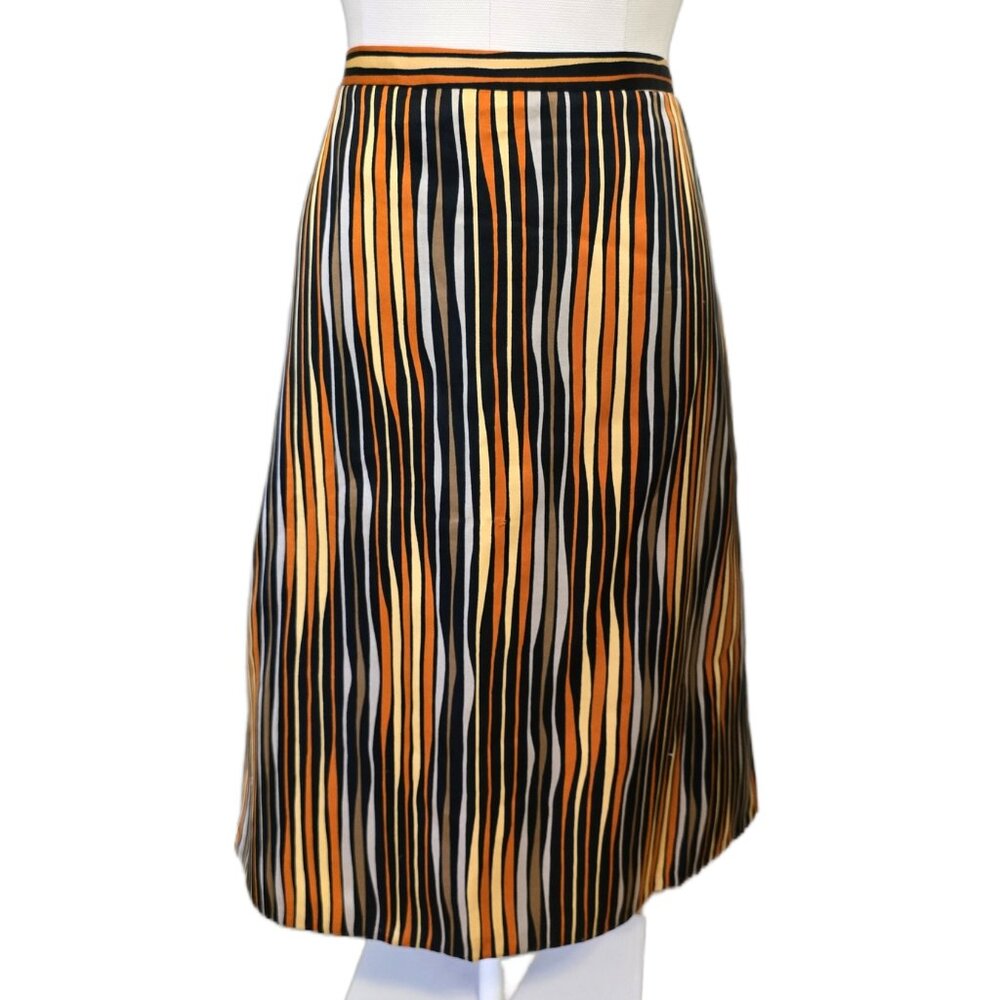 Vintage 70s Midi Skirt Optical Illusion Striped Office Retro Mod Orange Black M